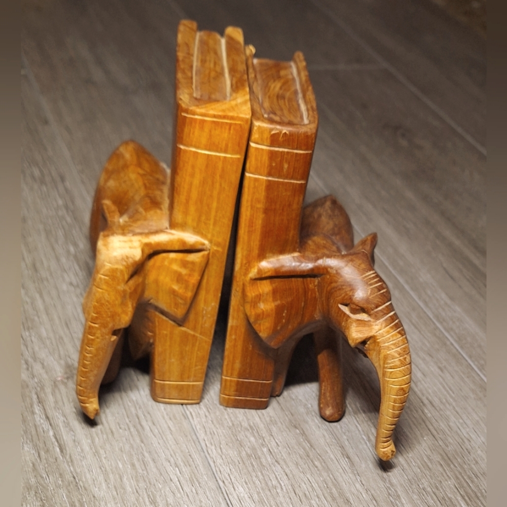 Mid Century 1970's Elephant Wood Bookends Hand Carved